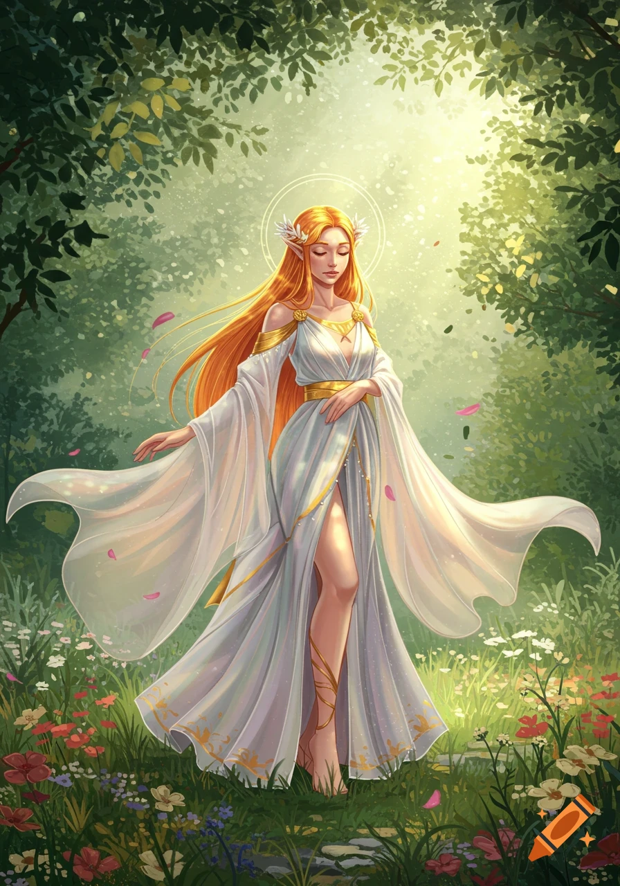A golden-haired goddess with elf ears in a flowing white gown walks through a sunlit forest filled with wildflowers.