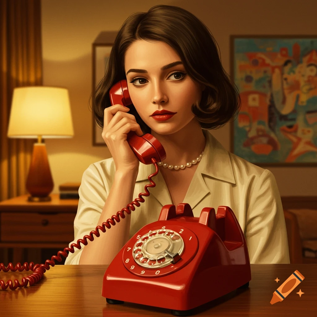 A retro-styled woman with dark hair and red lipstick holds a red rotary phone receiver to her ear, with the phone's base on a wooden table.