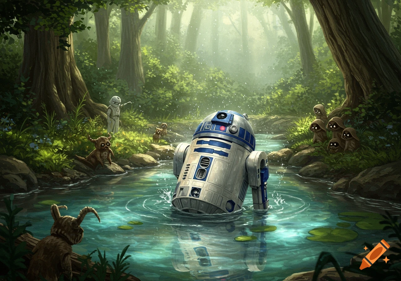 R2D2 in a forest stream with Ewoks and Jawas, a digital painting.