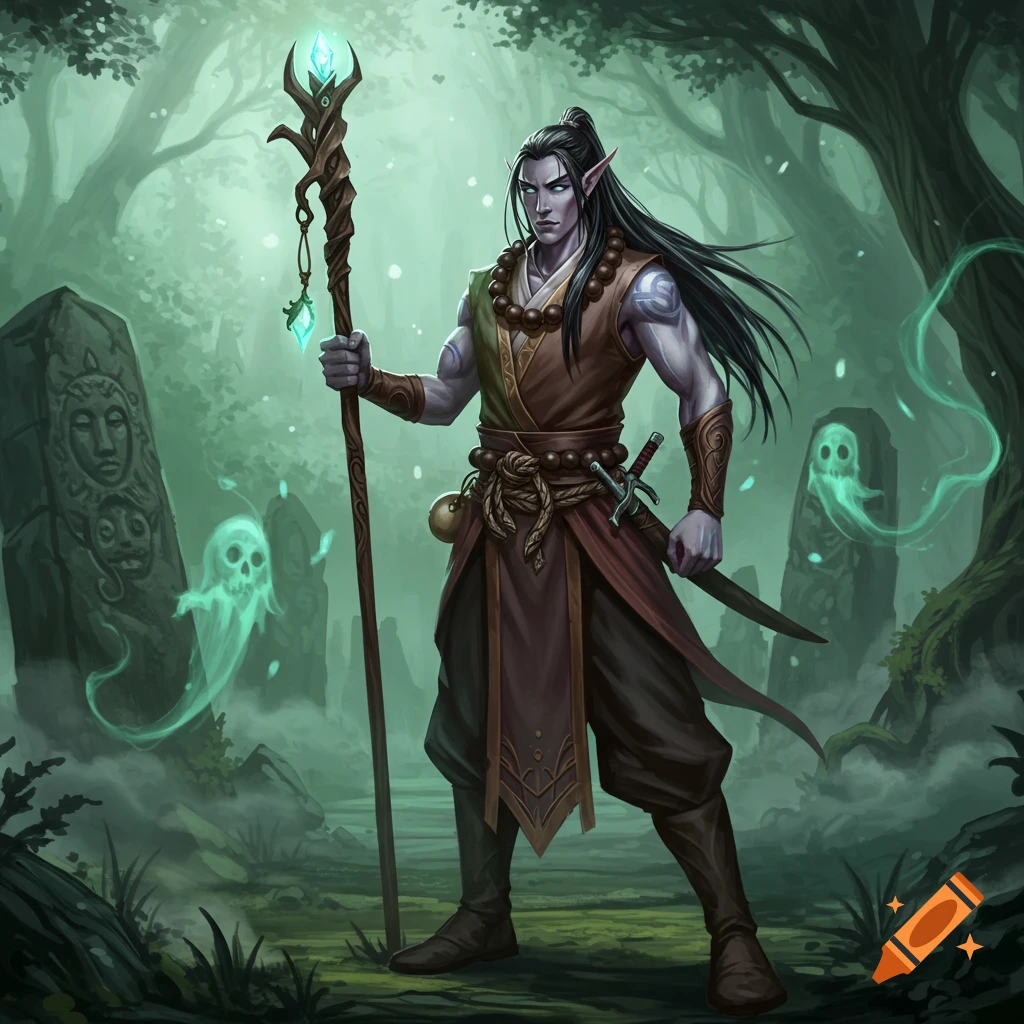 A male half-elf monk with dark hair and pale skin holds a glowing staff in a misty, enchanted forest with ancient stones and ghosts.