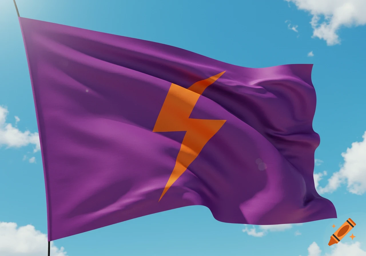 A purple flag with an orange lightning bolt waves against a blue sky with white clouds.