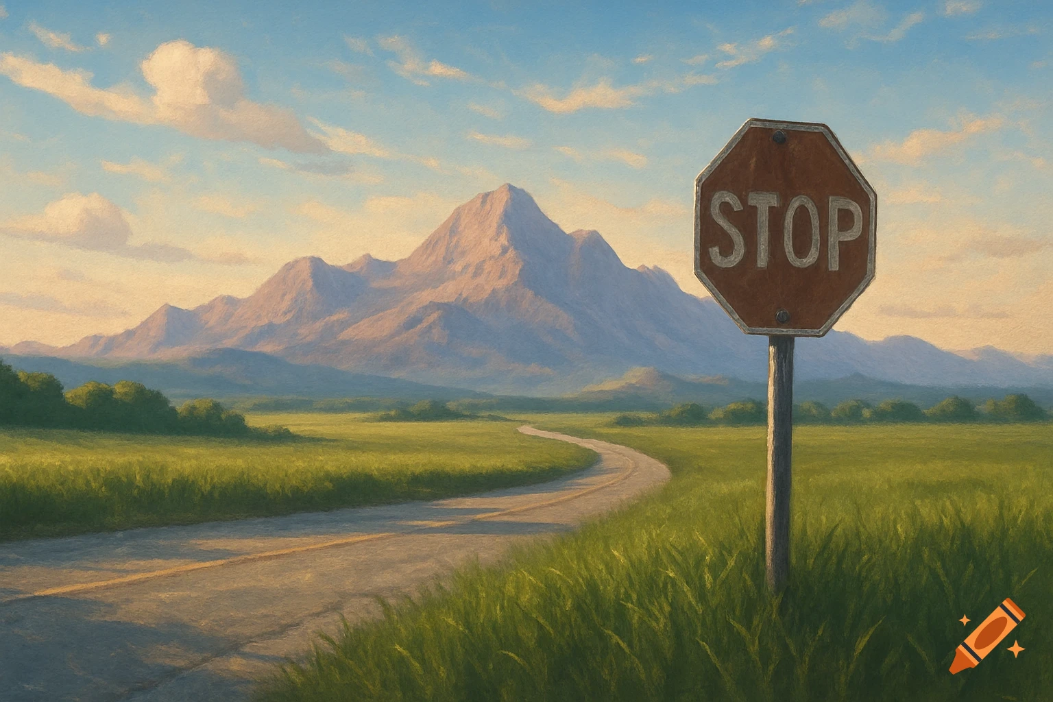 A painterly landscape shows a winding road through green fields, leading towards mountains under a blue sky, with a red stop sign in the foreground.