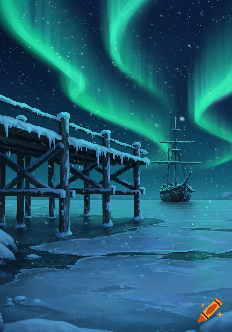 Snowy wooden dock and ship on a frozen lake under a vibrant green aurora borealis, digital painting.