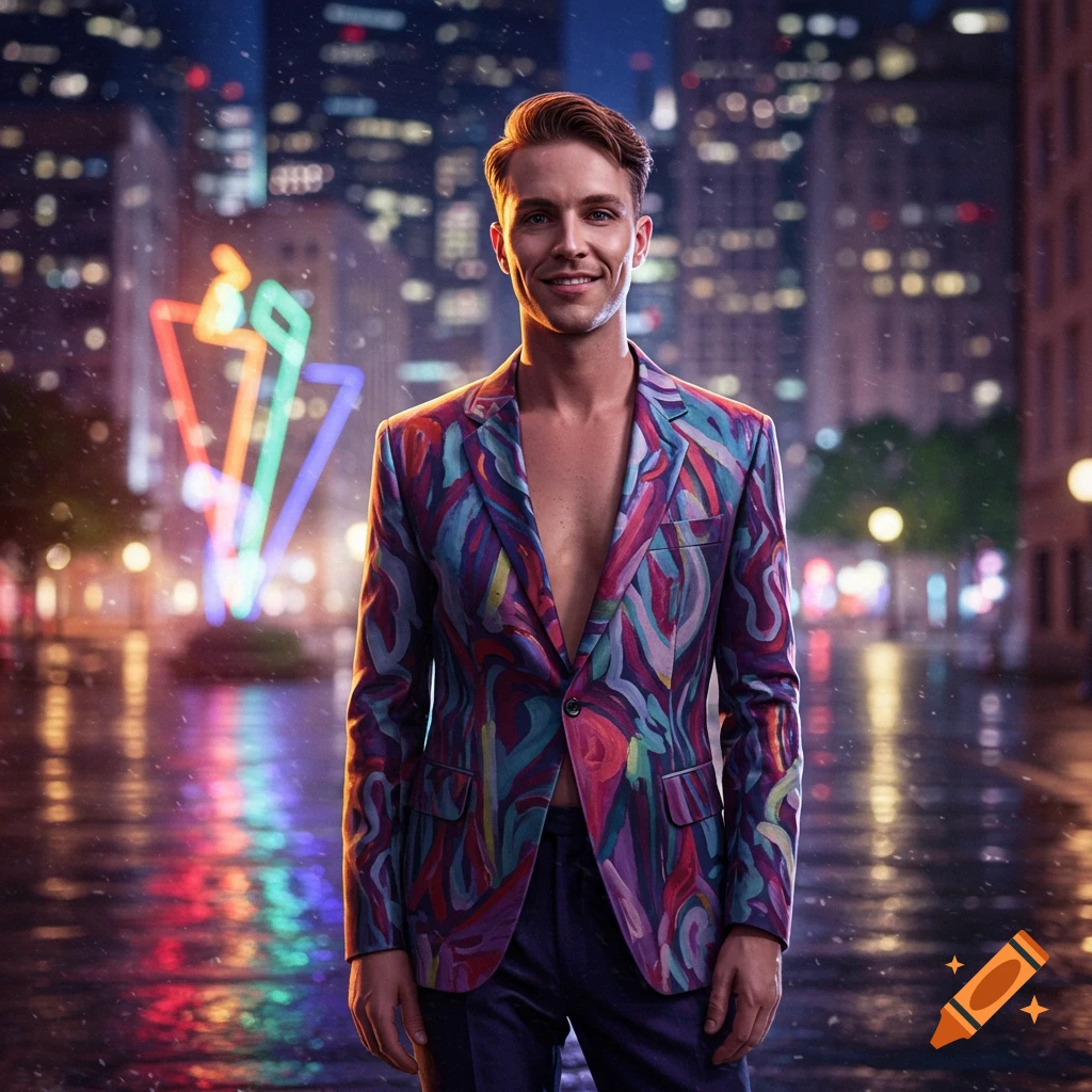 A man in a vibrant, colorful blazer stands on a rainy city street at night, with blurred city lights in the background.