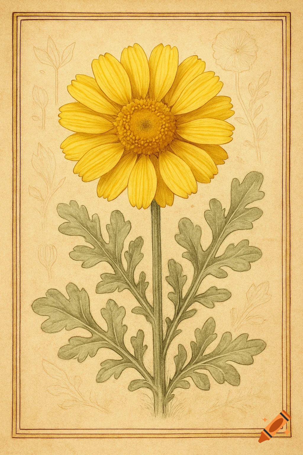 A detailed scientific botanical illustration of a bright yellow desert marigold flower with green leaves on a light brown background with faint background sketches.