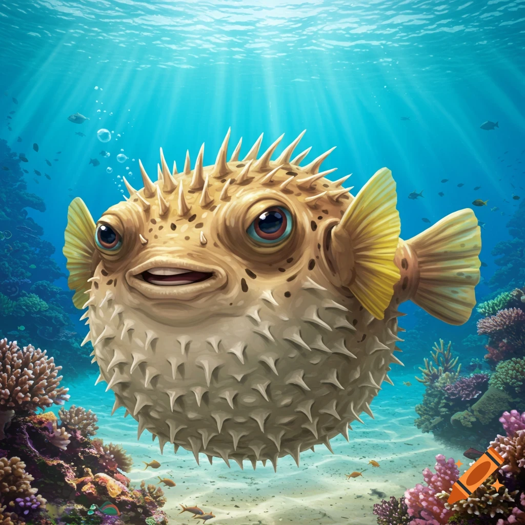 A whimsical, puffed-up pufferfish with a slight smile swims in a vibrant coral reef under dappled sunlight.
