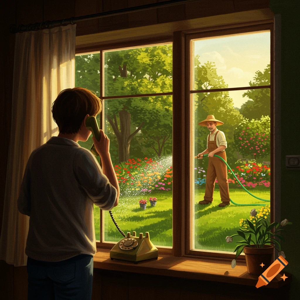 Person on a rotary phone looking out a window at a man watering a vibrant flower garden.