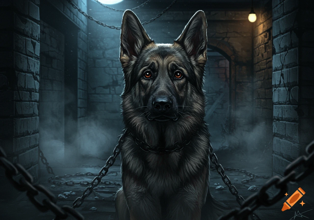 A detailed digital painting of a German Shepherd with chains in a dark, ominous dungeon, its eyes glowing.