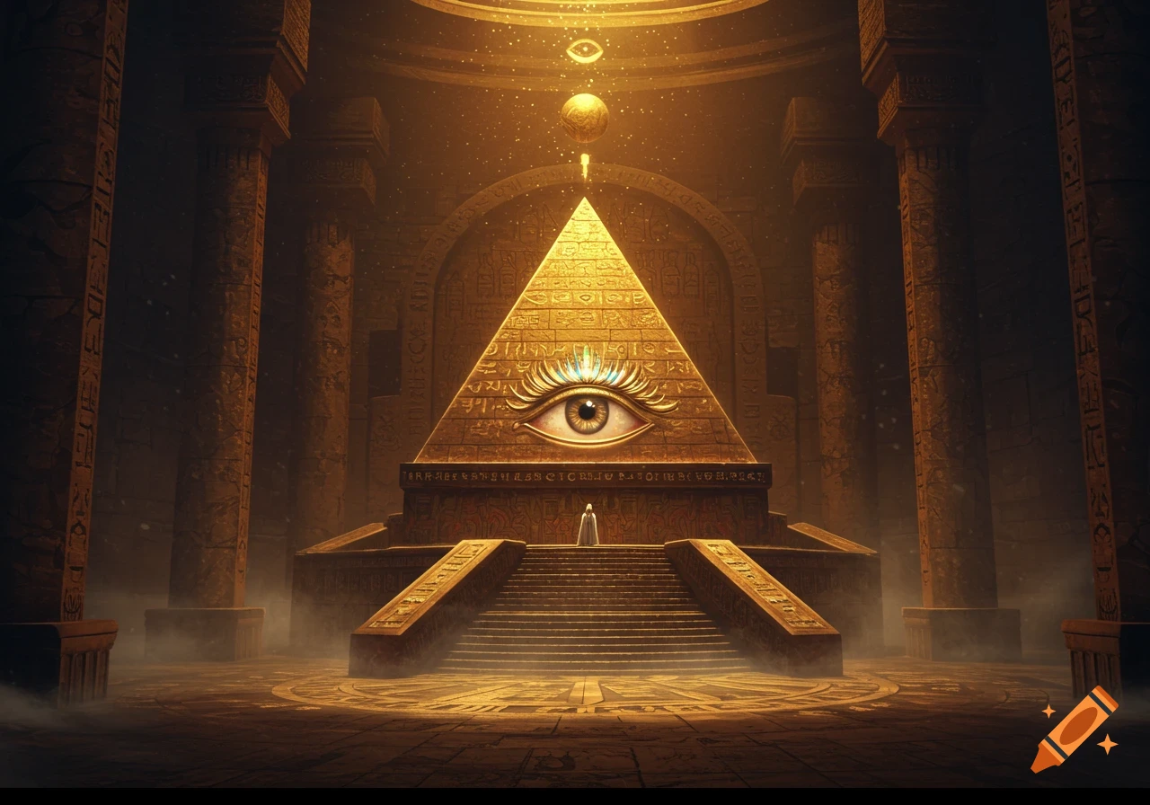 A glowing all-seeing eye atop a pyramid in a grand, ancient temple chamber, with a small figure at the base.