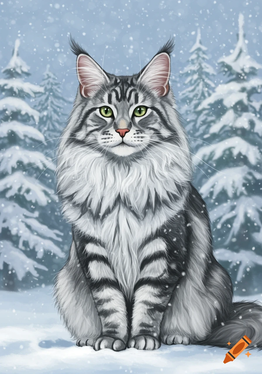 A gray tabby Maine Coon cat with green eyes sits in a snowy winter forest, with snow gently falling. Realistic cartoon style.