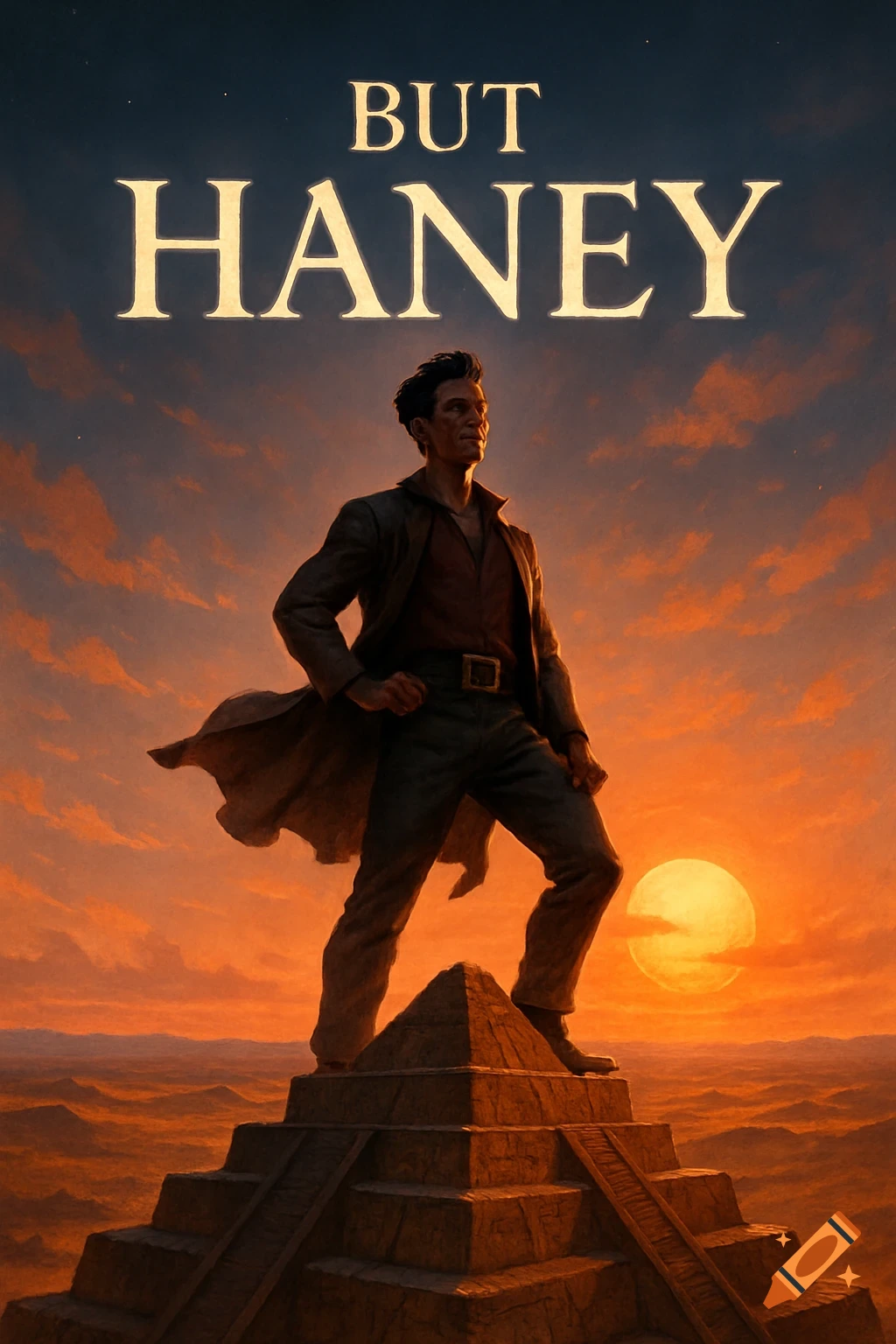 A man in a trench coat stands heroically atop a large stone pyramid, looking towards a vibrant orange sunset over a vast desert landscape. The words "BUT HANEY" are prominently displayed at the top.