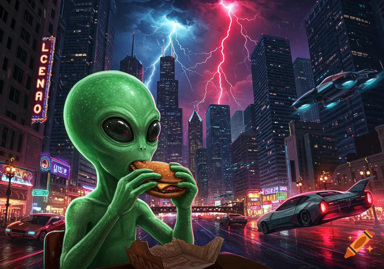 A green alien eats a burger in a futuristic city with flying cars and red and blue lightning in the sky.