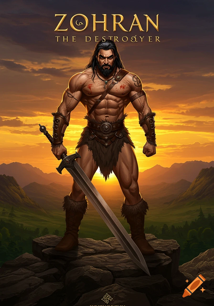 A muscular barbarian warrior, Zohran, with a sword, stands on rocks at sunset, text 'ZOHRAN THE DESTROYER' above.