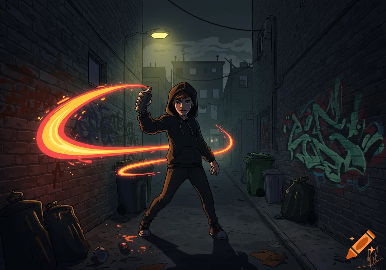Cartoon teenager in a black hoodie spray painting a light trail in a dark urban alley with graffiti.