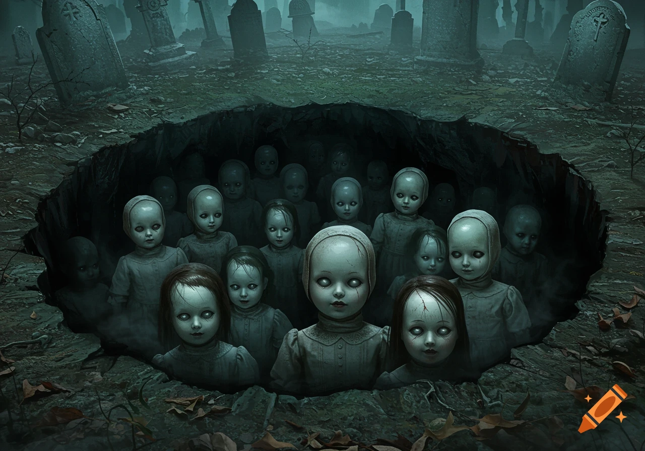 A swarm of creepy dolls with white eyes emerging from a hole in a dark, misty graveyard.