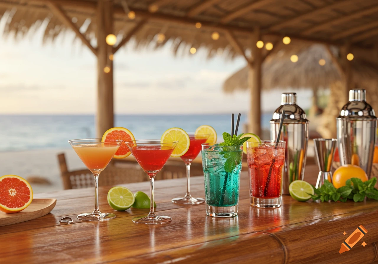 Cocktails and fruit on a wooden bar at a tropical beach bar during sunset.