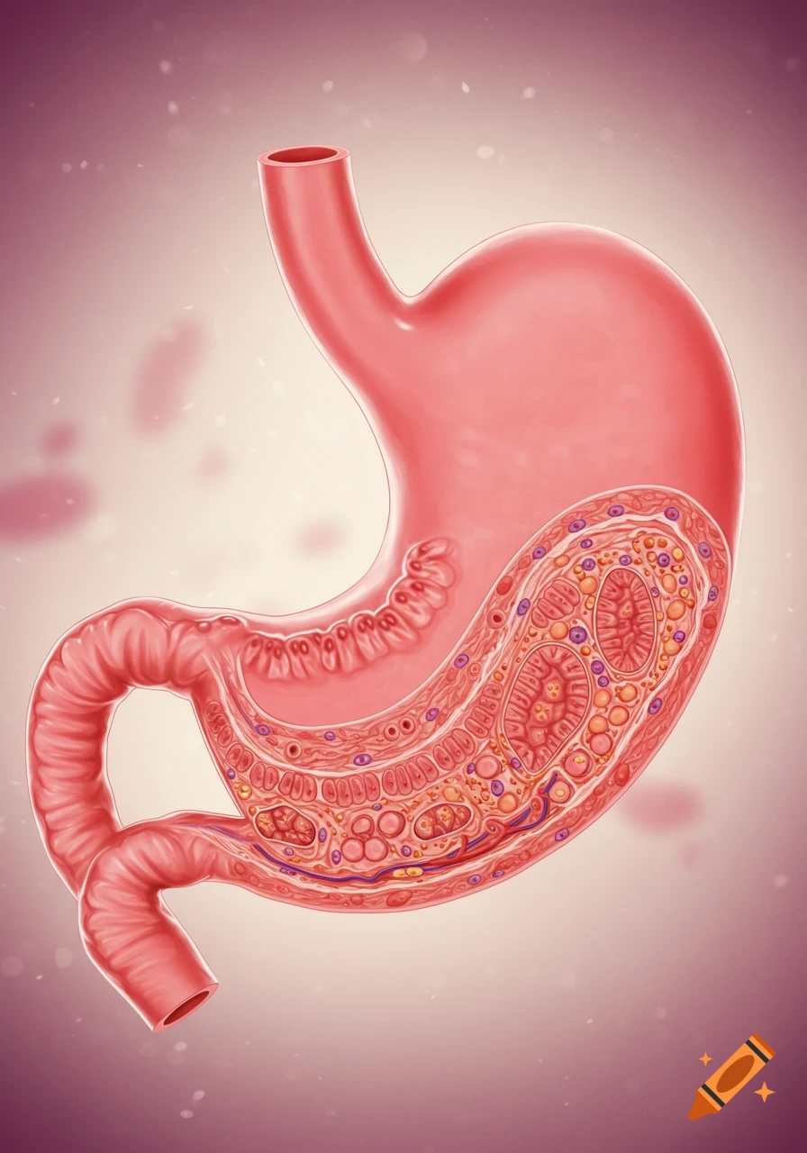 Detailed anatomical illustration of a human stomach, cross-sectioned to show its layered internal structure and cellular histology.