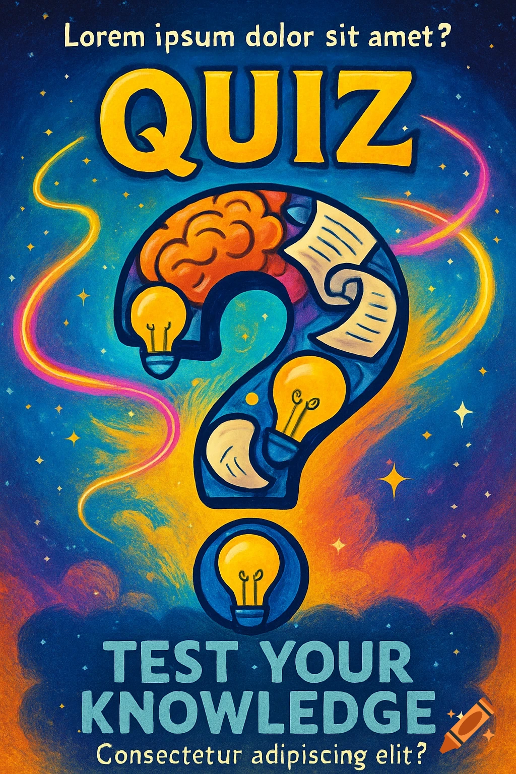 A vibrant and colorful quiz poster illustration featuring a large yellow 'QUIZ' text, a question mark filled with a brain and lightbulbs, and 'TEST YOUR KNOWLEDGE' text, all on a starry blue background with swirling light trails.