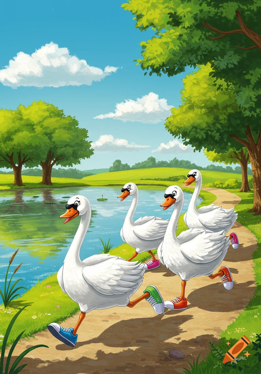 Four cartoon swans wearing sunglasses and running shoes jog on a path beside a lake with trees.