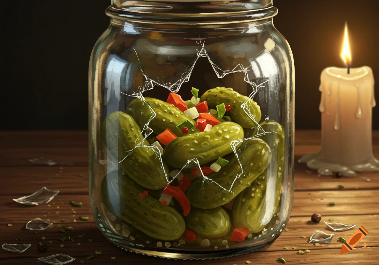 An illustration of a cracked glass jar filled with pickles and chopped vegetables, next to a lit candle on a wooden table.