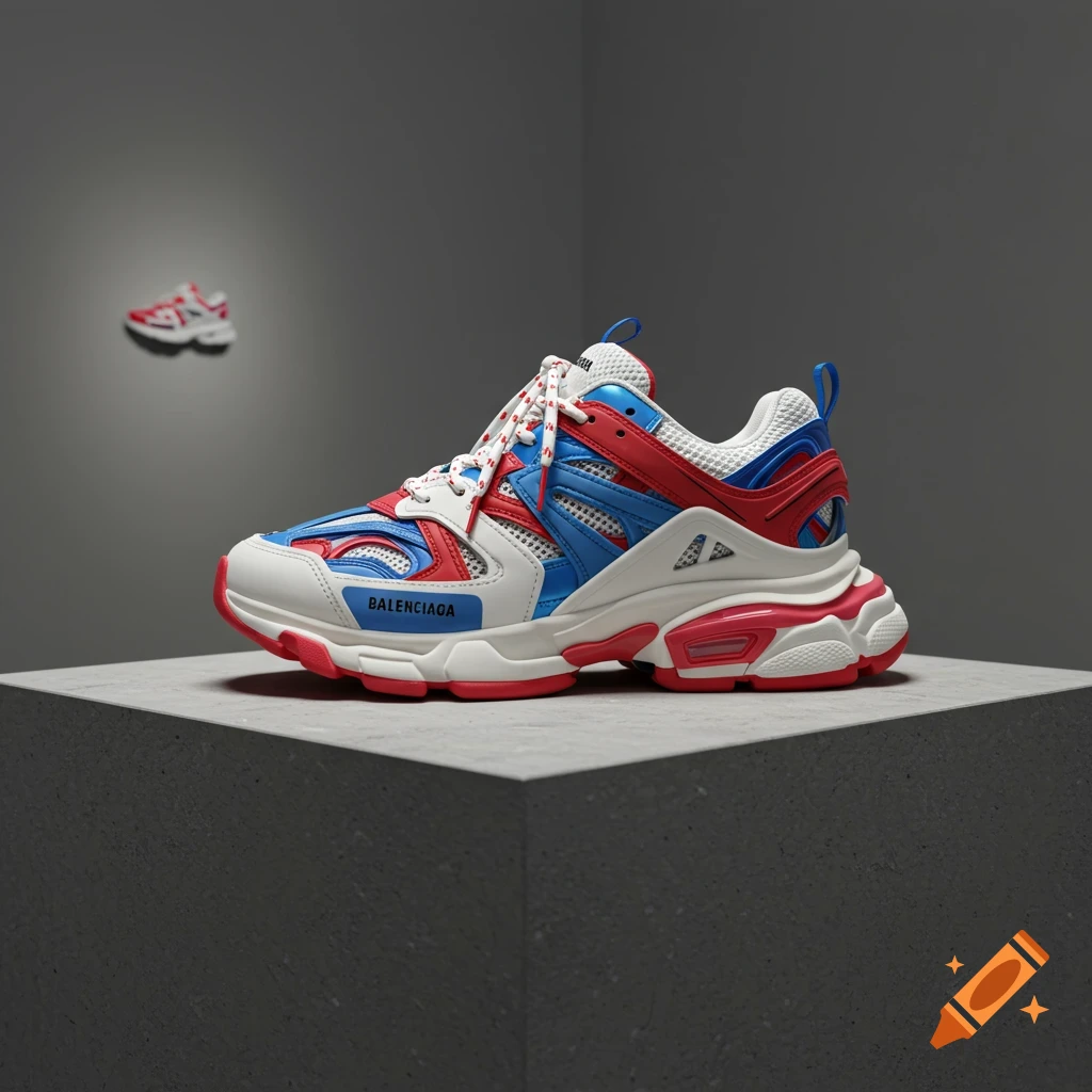 A Balenciaga Runner sneaker in white, red, and blue, with pink accents, sitting on a concrete block with a smaller, blurry shoe in the background.