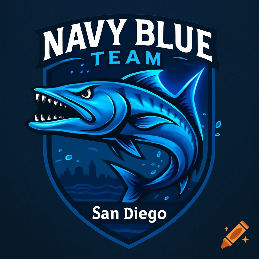 Blue barracuda logo for Navy Blue Team San Diego, featuring a barracuda in a shield with a city skyline silhouette.