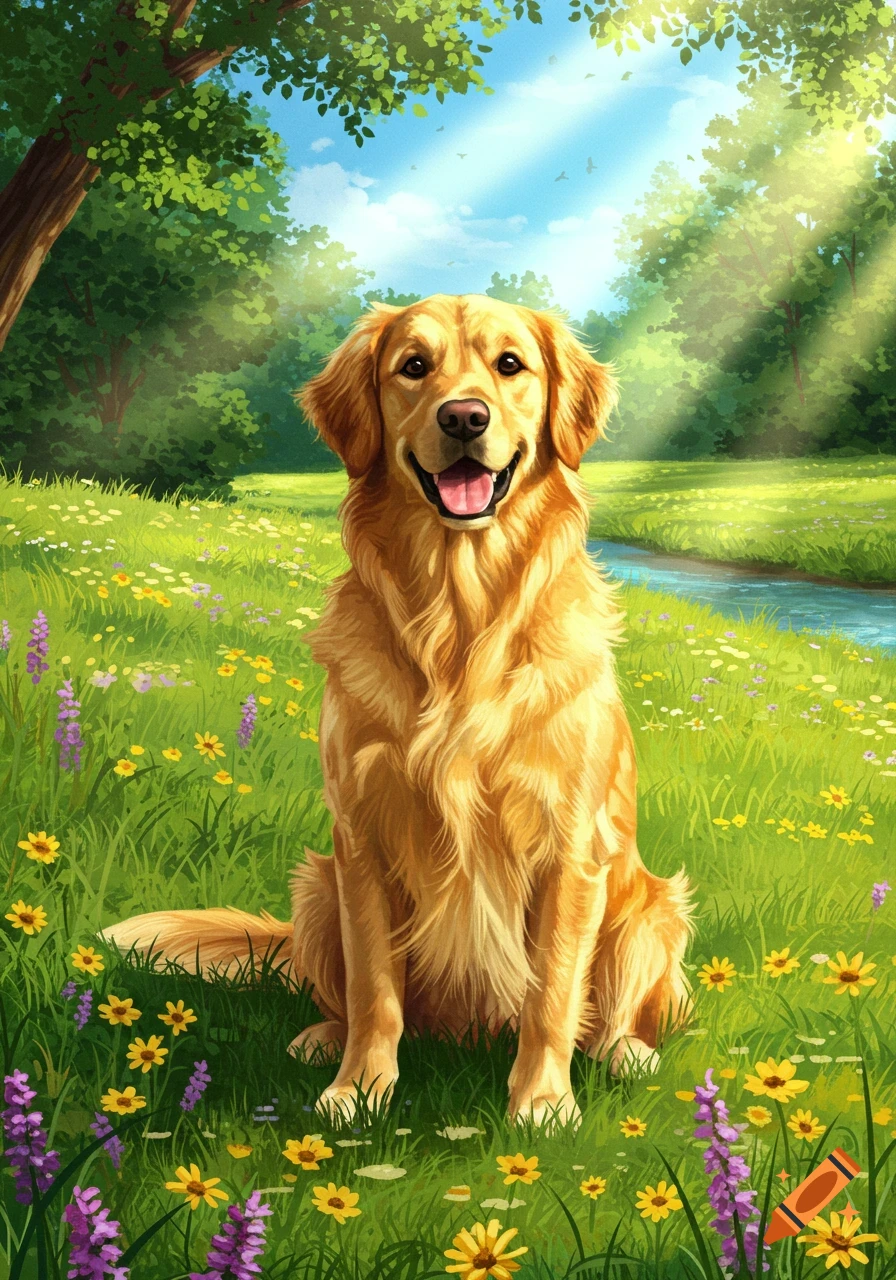 A happy golden retriever dog sits in a sunny green meadow filled with yellow and purple flowers, with trees and a stream in the background, in an illustrative style.