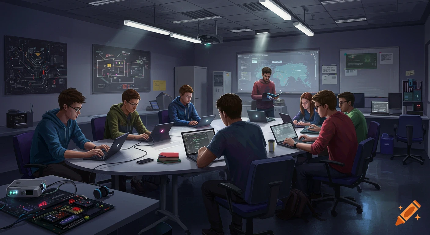 Students in a computer lab or workshop, seated around a large table and at desks, working on laptops with code visible on screens.