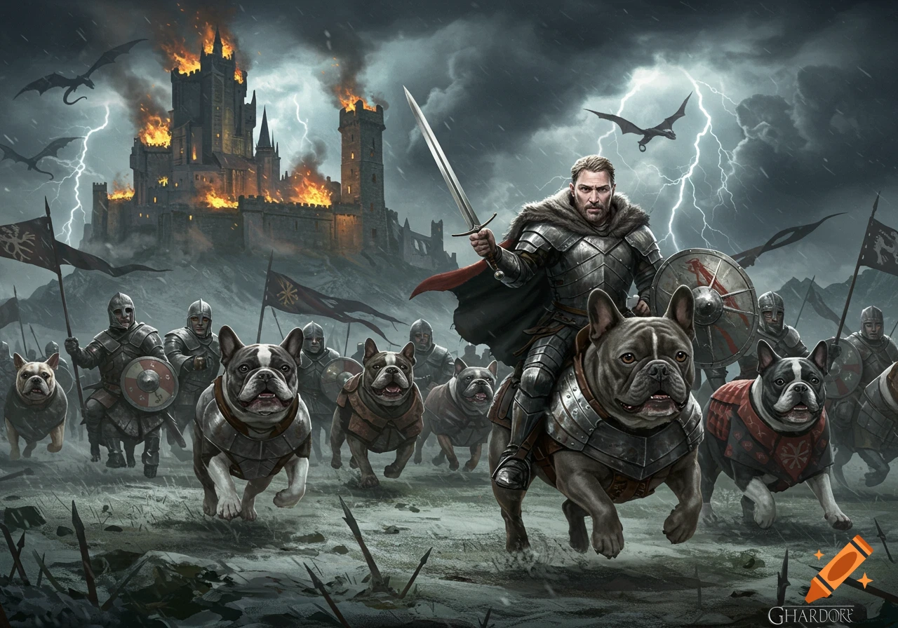 Medieval warriors riding armored French Bulldogs charge towards a burning castle under a stormy, lightning-filled sky with dragons overhead.