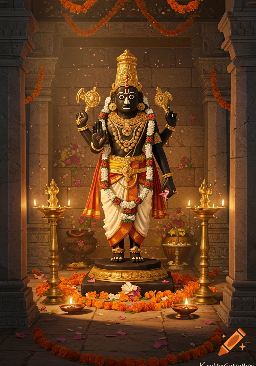 A black idol of Hindu deity Ayyappa, adorned with gold and garlands, stands in a temple with oil lamps and scattered marigold flowers.