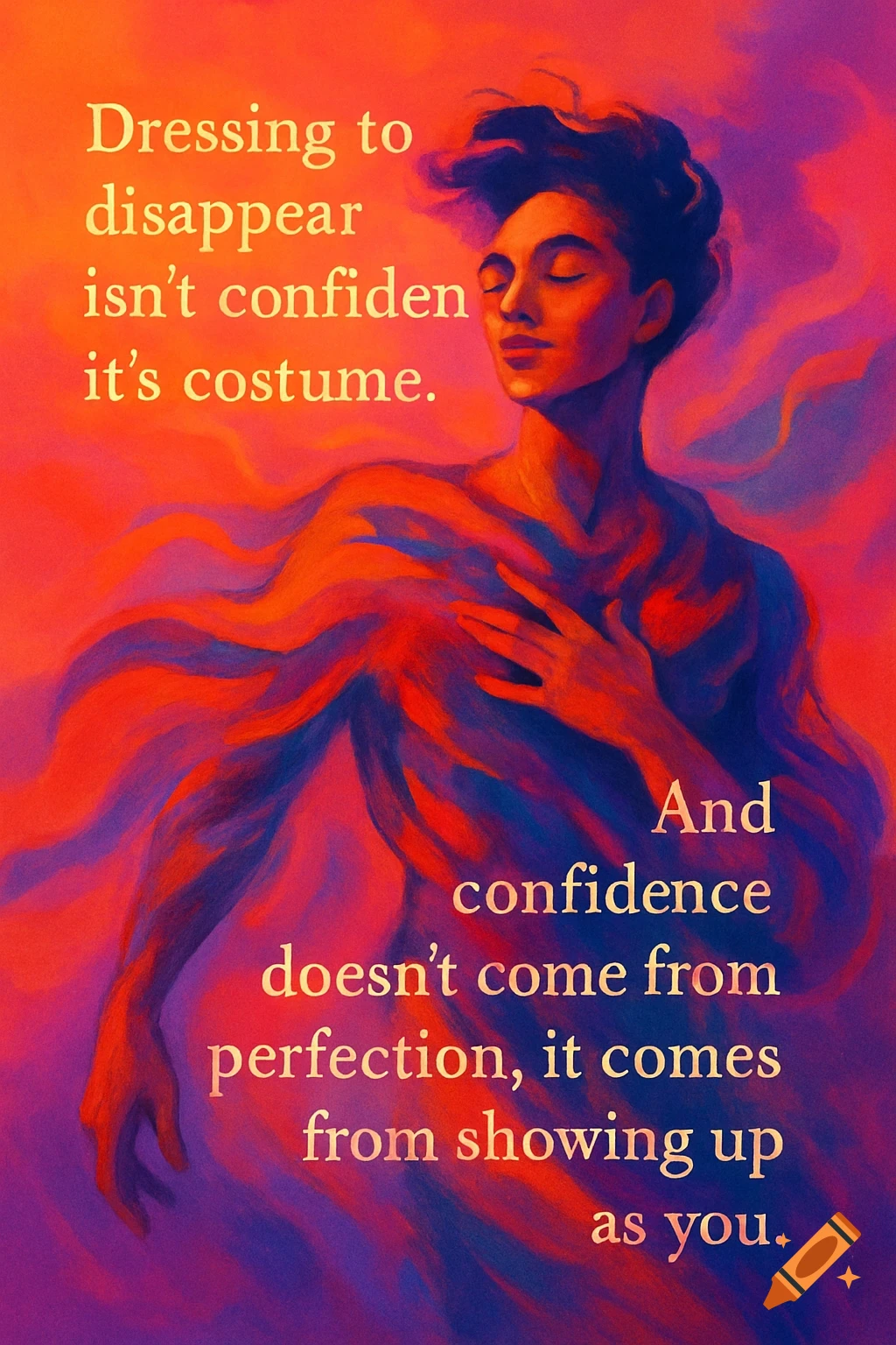 Stylized abstract art of a person with closed eyes and hand on chest, surrounded by flowing red, orange, and purple hues, with a quote.