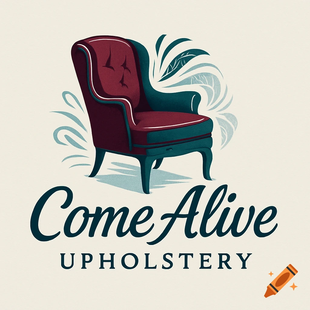 Logo for Come Alive Upholstery featuring a vintage maroon and teal armchair with decorative flourishes and stylized text.