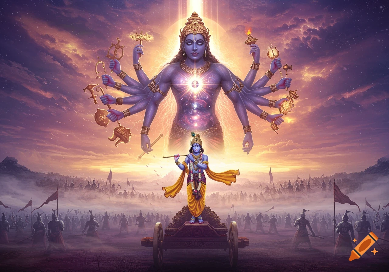Lord Krishna reveals his multi-armed cosmic form (Vishwarupa) with galaxies in his chest, towering over a misty battlefield with warriors, in an epic, mystical style.