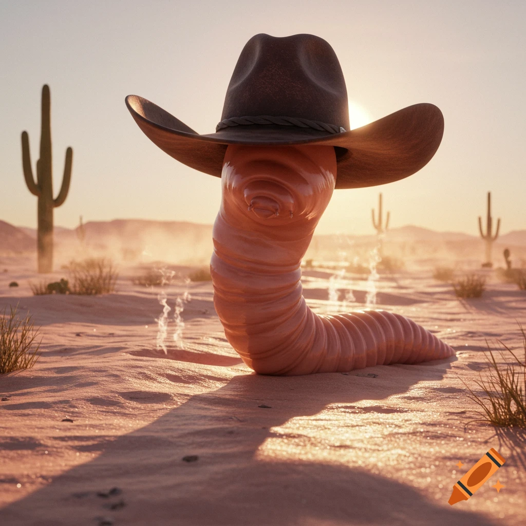 A large, photorealistic worm wearing a cowboy hat stands in a vast desert landscape with cacti under a sunset sky.