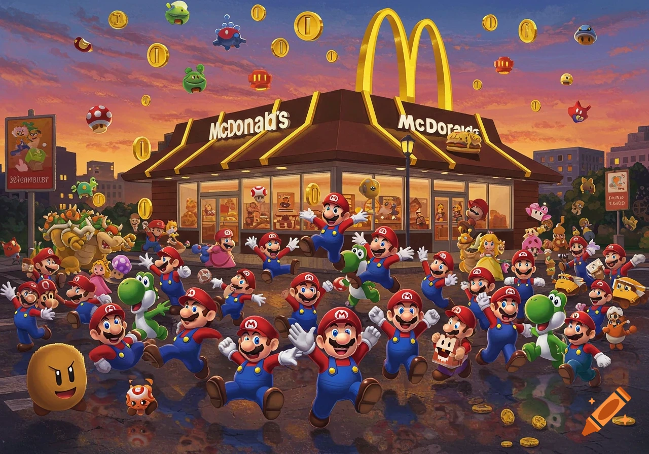Many Super Mario characters and Yoshis cheer outside a McDonald's restaurant under a colorful sky with floating coins and items.