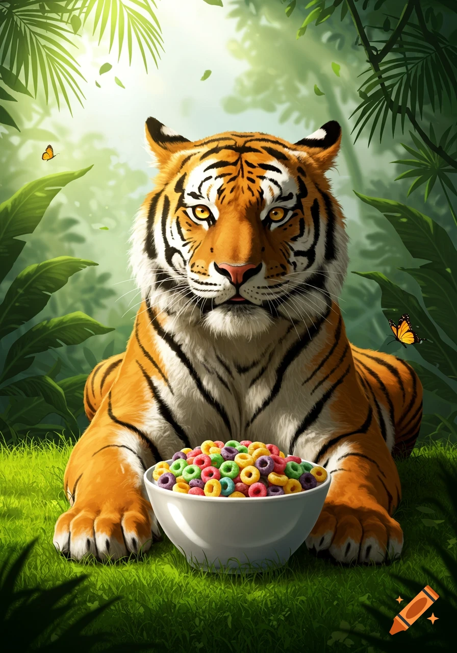 An illustrated tiger lies on green grass in a vibrant jungle, looking at a white bowl filled with colorful cereal loops.
