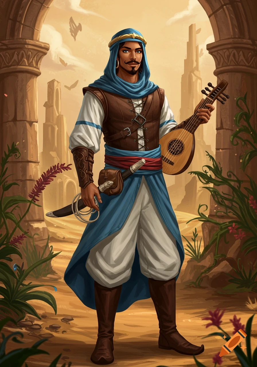 A male fantasy character with dark skin and a mustache, dressed in blue and white robes and a brown vest, stands in desert ruins holding a lute and a sheathed rapier.