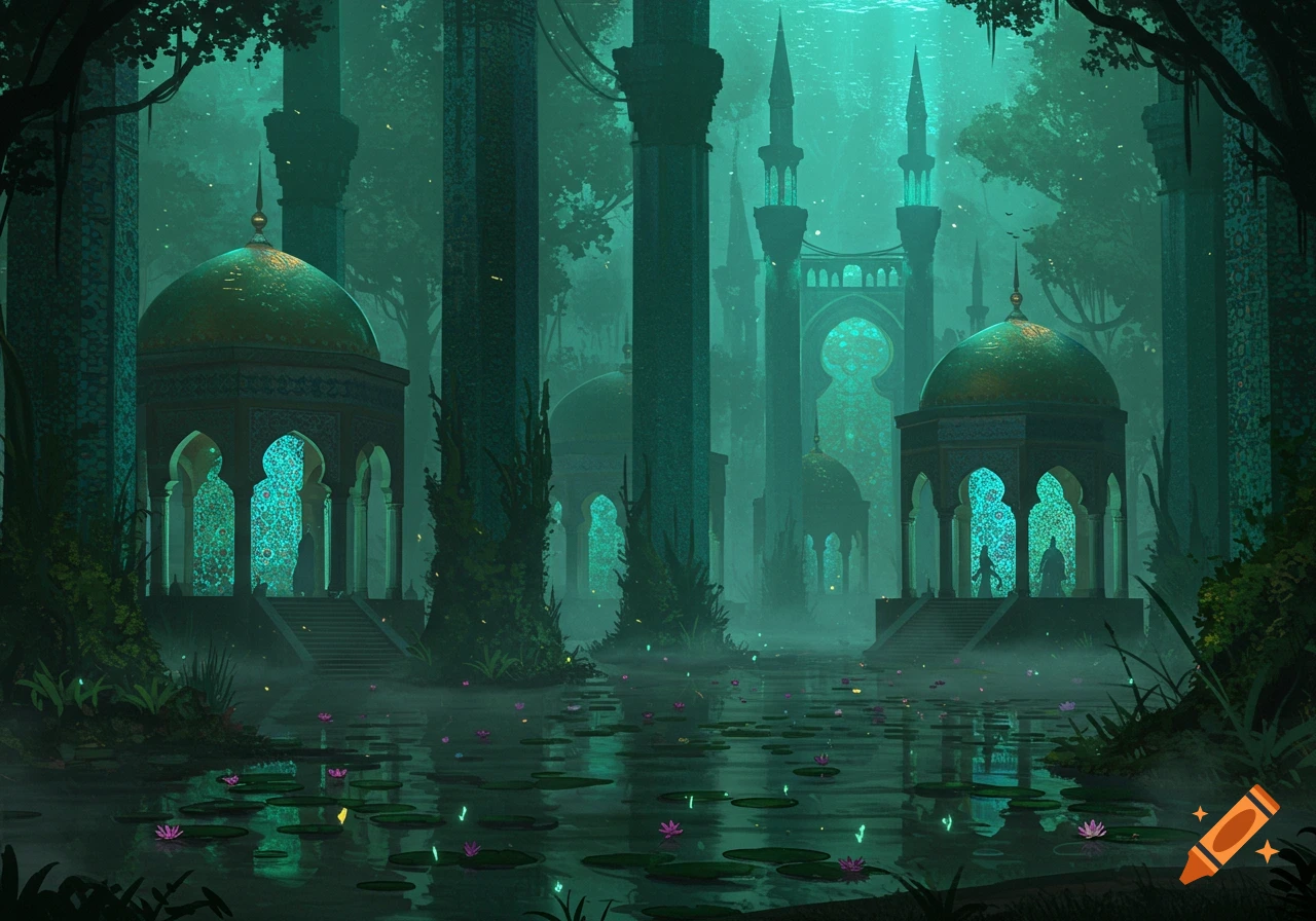 A mystical dark green swamp with ancient Persian architecture emerging from water, surrounded by dense trees and lily pads.