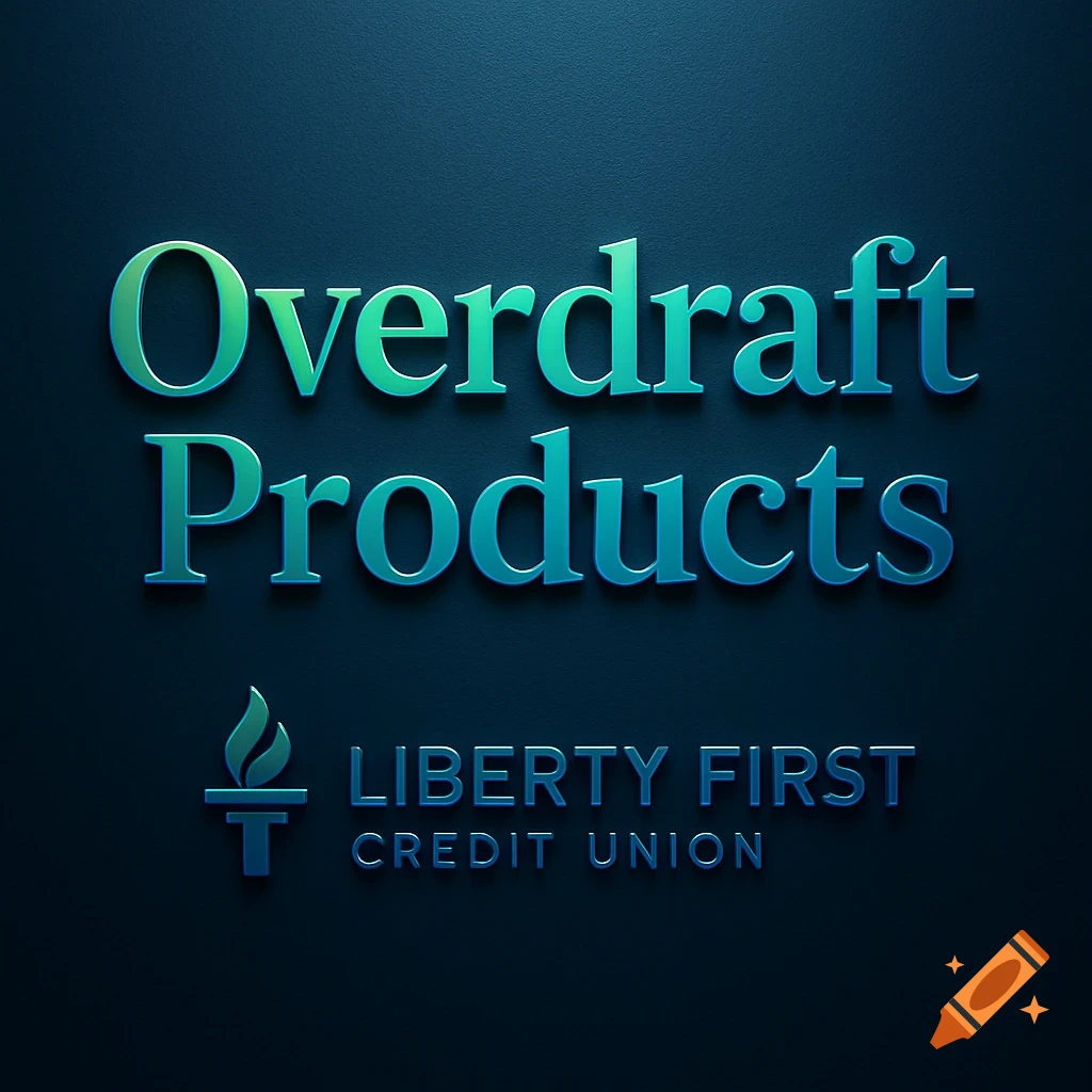 Text 'Overdraft Products' in green and blue gradient with 'Liberty First Credit Union' logo below on a dark background.