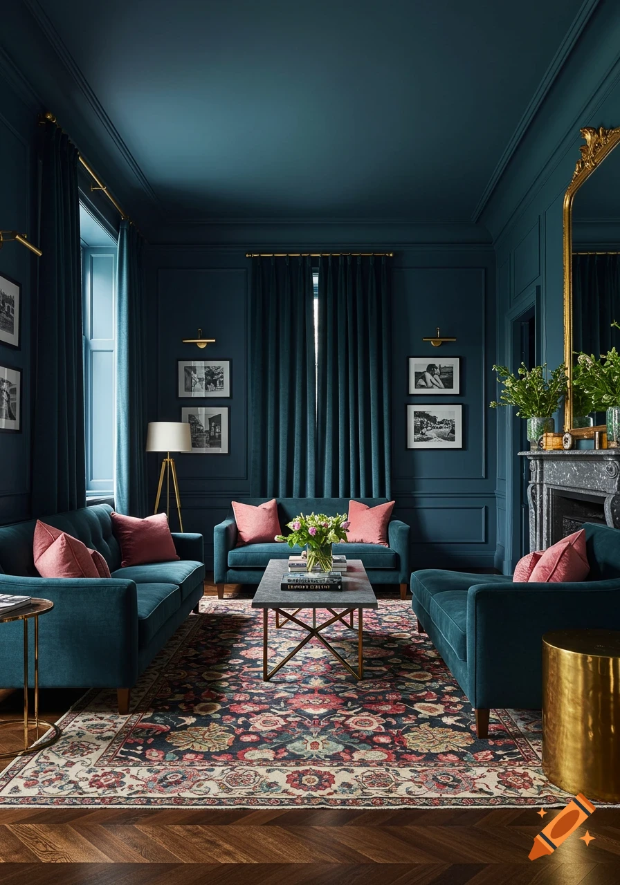 A dark teal living room with velvet sofas, coral pillows, a patterned rug, a fireplace with a golden mirror, and black and white photos.