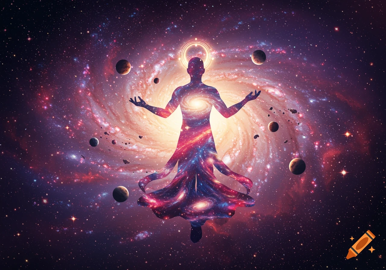Silhouette of a cosmic figure with outstretched arms, containing a vibrant galaxy and surrounded by planets and stars.
