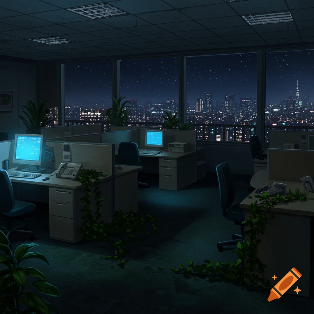 An empty 90s office at night with cubicles, computers, and plants, bathed in blue monitor light, overlooking a city skyline.
