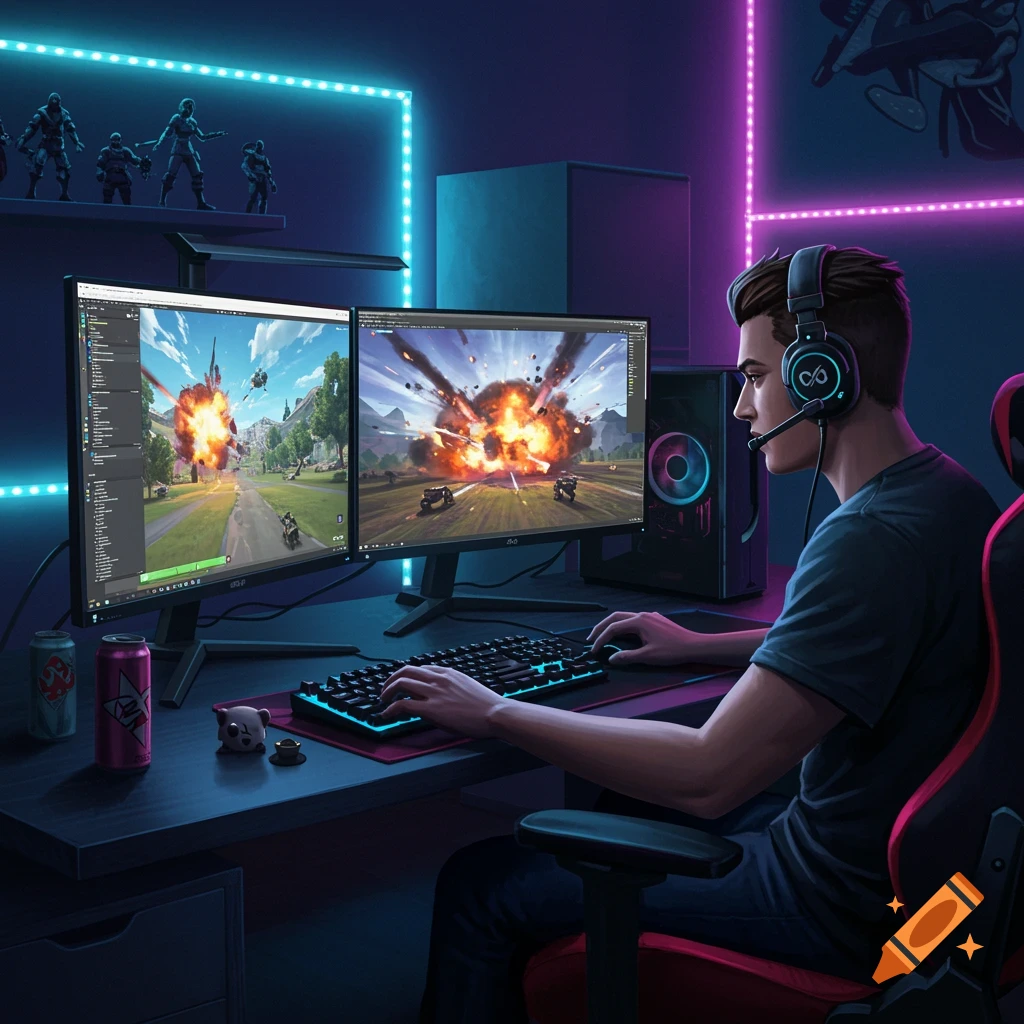 A young man wearing headphones with a mic plays a video game on two monitors in a neon-lit room.