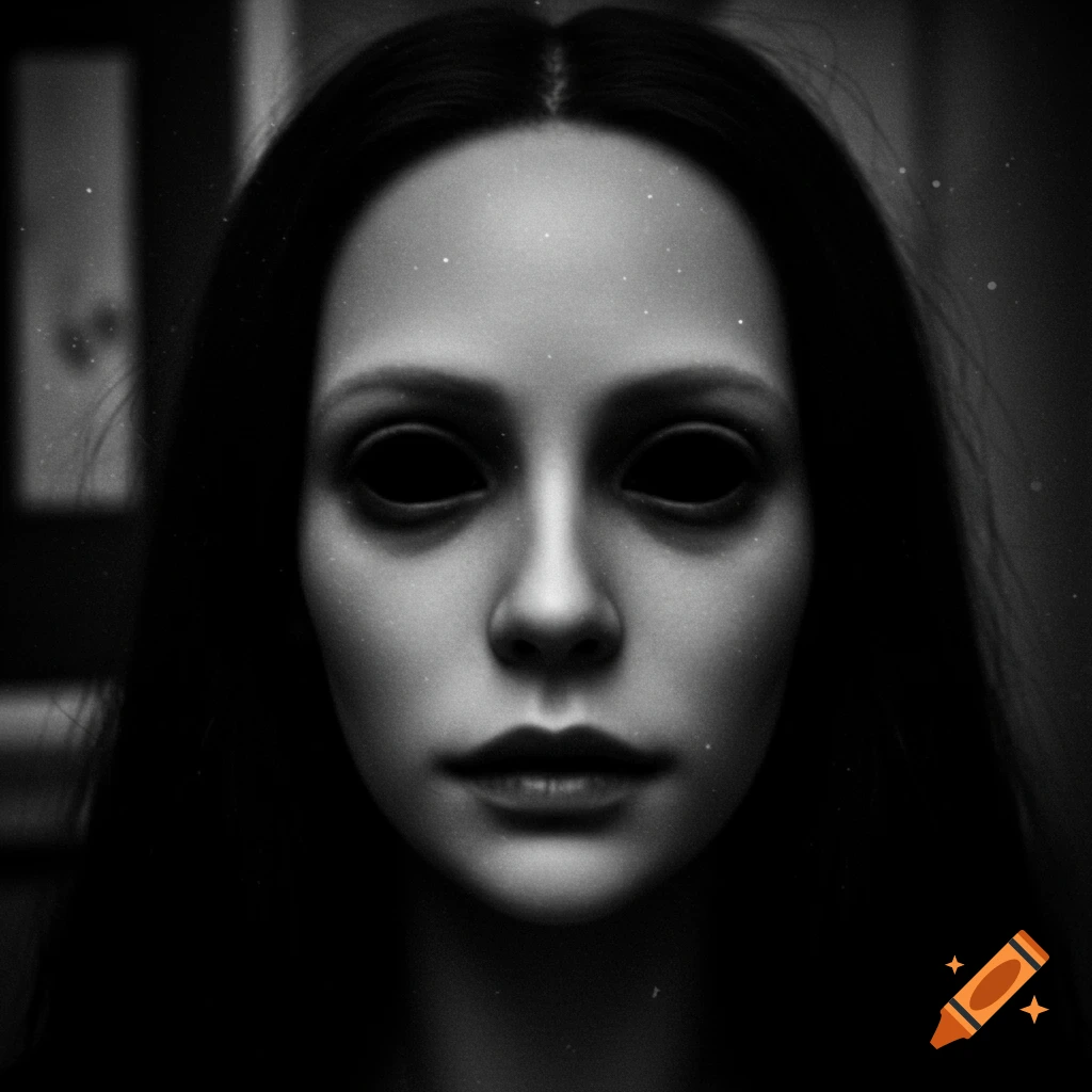 A close-up, grainy, black and white portrait of a creepy, uncanny woman with long dark hair, entirely black eyes, and no eyebrows, staring forward.
