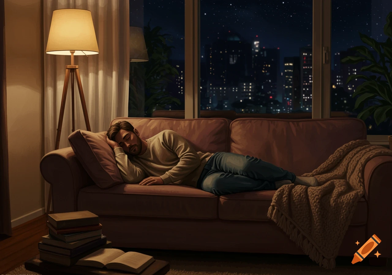 A man sleeps on a brown couch in a cozy living room at night, with a city skyline visible through the window.
