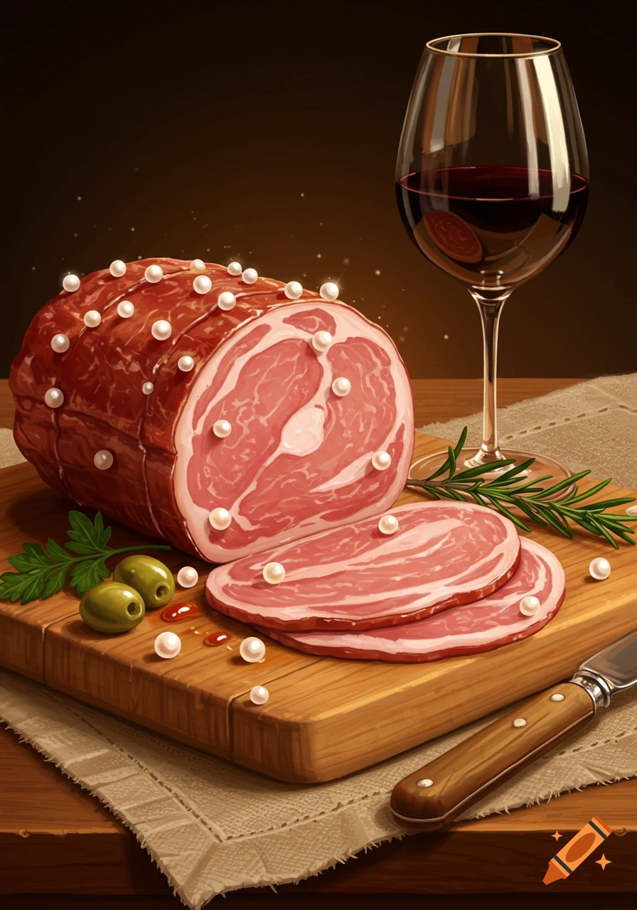 A photorealistic still life of a pearl-studded ham roast, sliced on a wooden board with olives, rosemary, a knife, and a glass of red wine.