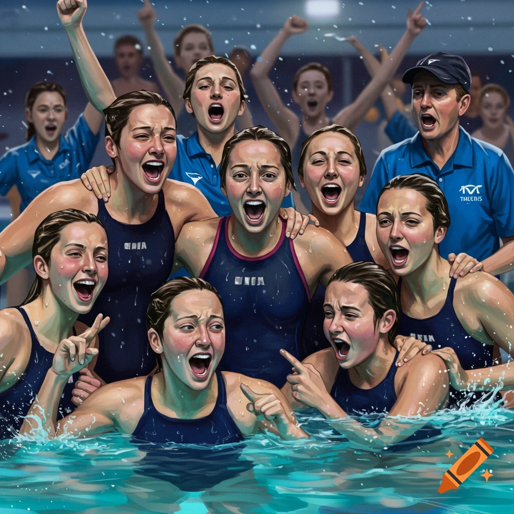 A group of female swimmers and their coach celebrate loudly at a swim meet, in a dynamic and expressive digital painting style.