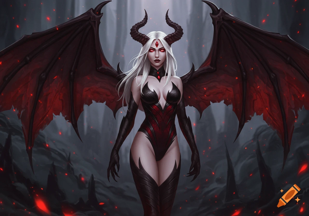 A demon woman with long white hair, red eyes, horns, large black and red wings, and a black and red bodysuit in a fiery landscape.