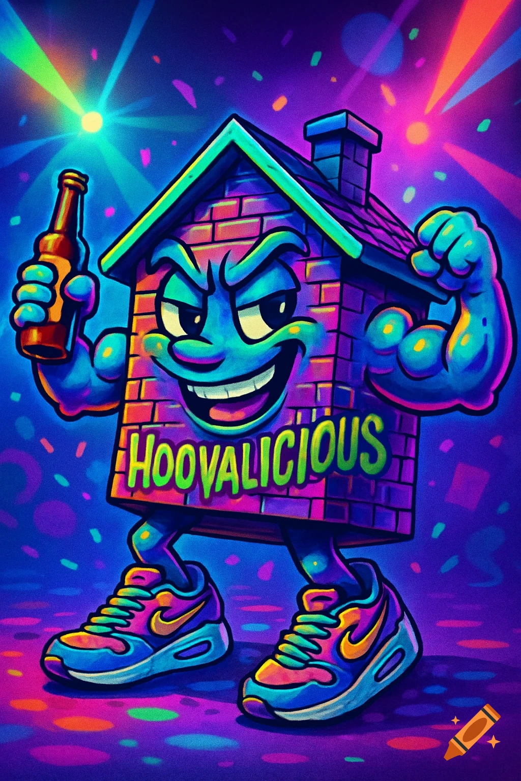 A vibrant, neon cartoon house character with brick walls and muscles, holding a beer and wearing Nike sneakers, with 'HOOVALICIOUS' text.