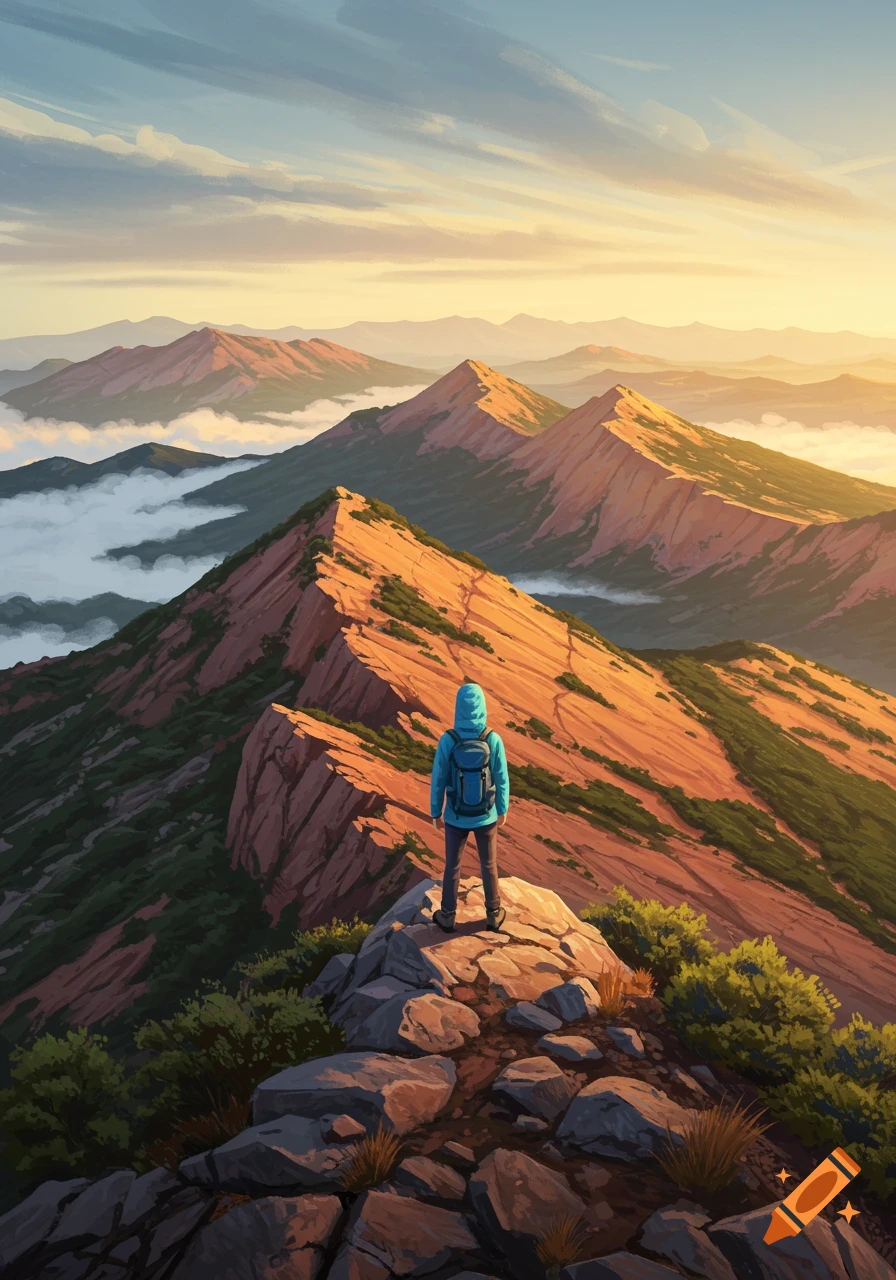 A person with a blue backpack stands on a rocky mountain peak overlooking a vast range of reddish-brown mountains and misty valleys at sunset.